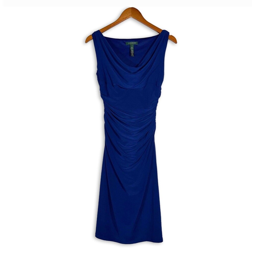 Lauren Ralph Lauren Royal Blue Ruched Cowl Neck Sheath Dress Size 2
